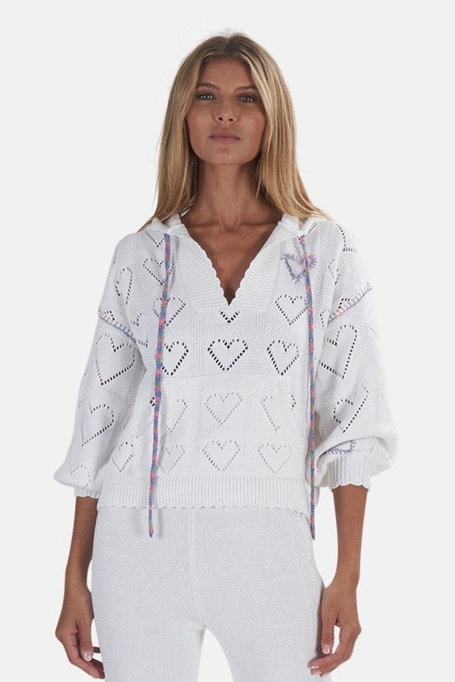 Loveshackfancy Meara Hoodie Heart Sweater Size Large Rainbow Emroidered White